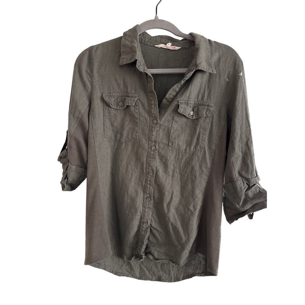 Women’s L Linen Ci Sono Olive/Taupe Mushroom Utility Shirt Roll Sleeves